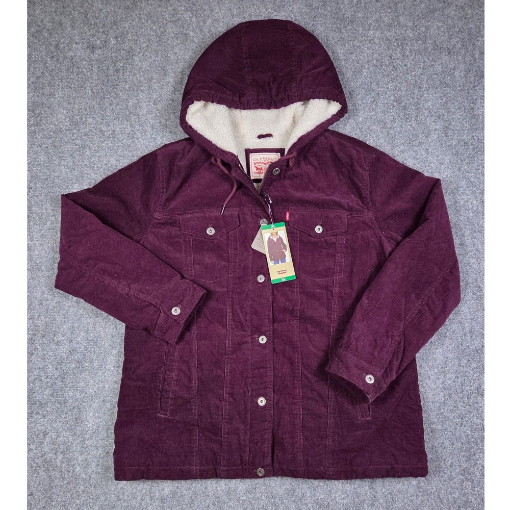 Levi's Corduroy Trucker Jacket Womens XL Burgundy Sherpa Lined Hooded NWT